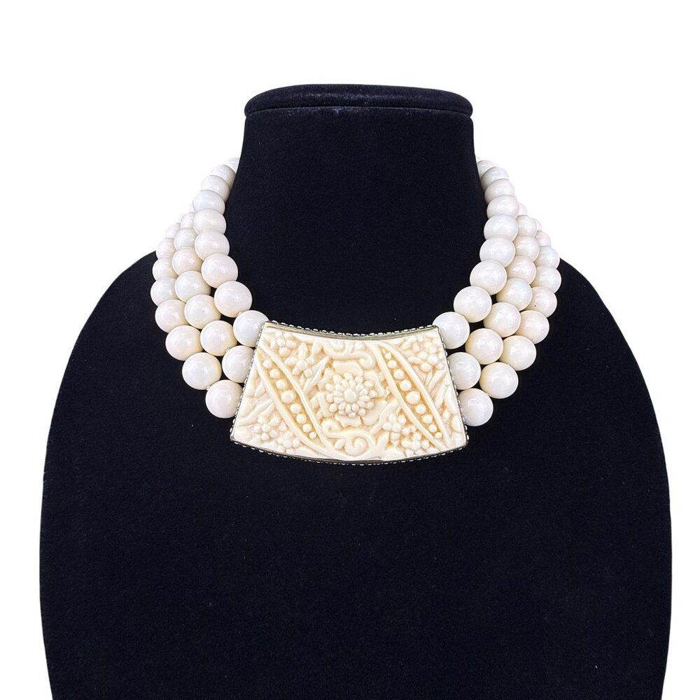 Vintage Ornate Cream Beaded Necklace With Intricate Centerpiece Adjustable Lengt